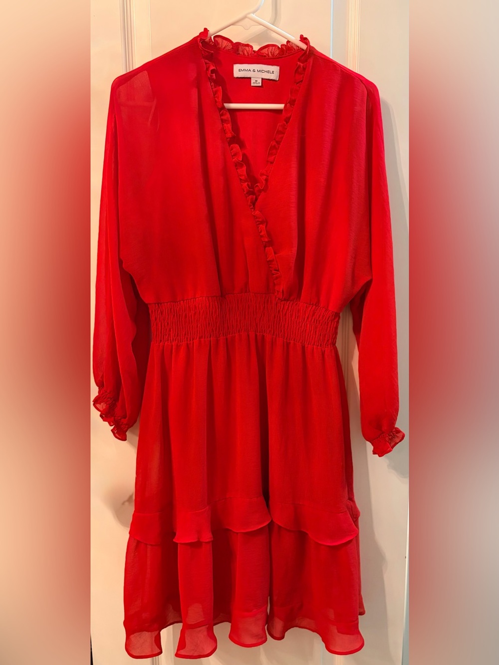 Emma & Michele Vibrant Red Ruffle-Trim 3/4 Sleeve Dress